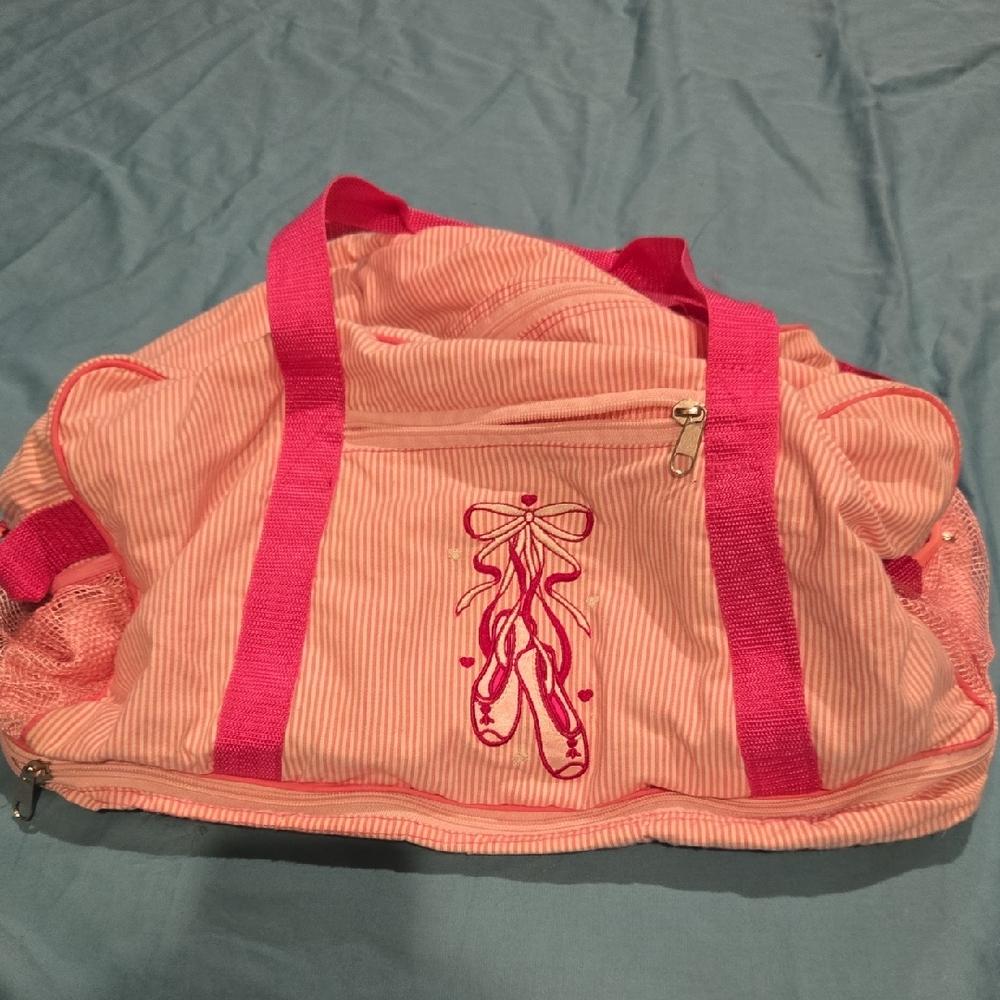 Pink Striped Dance Bag With Ballet Shoe Embroidery